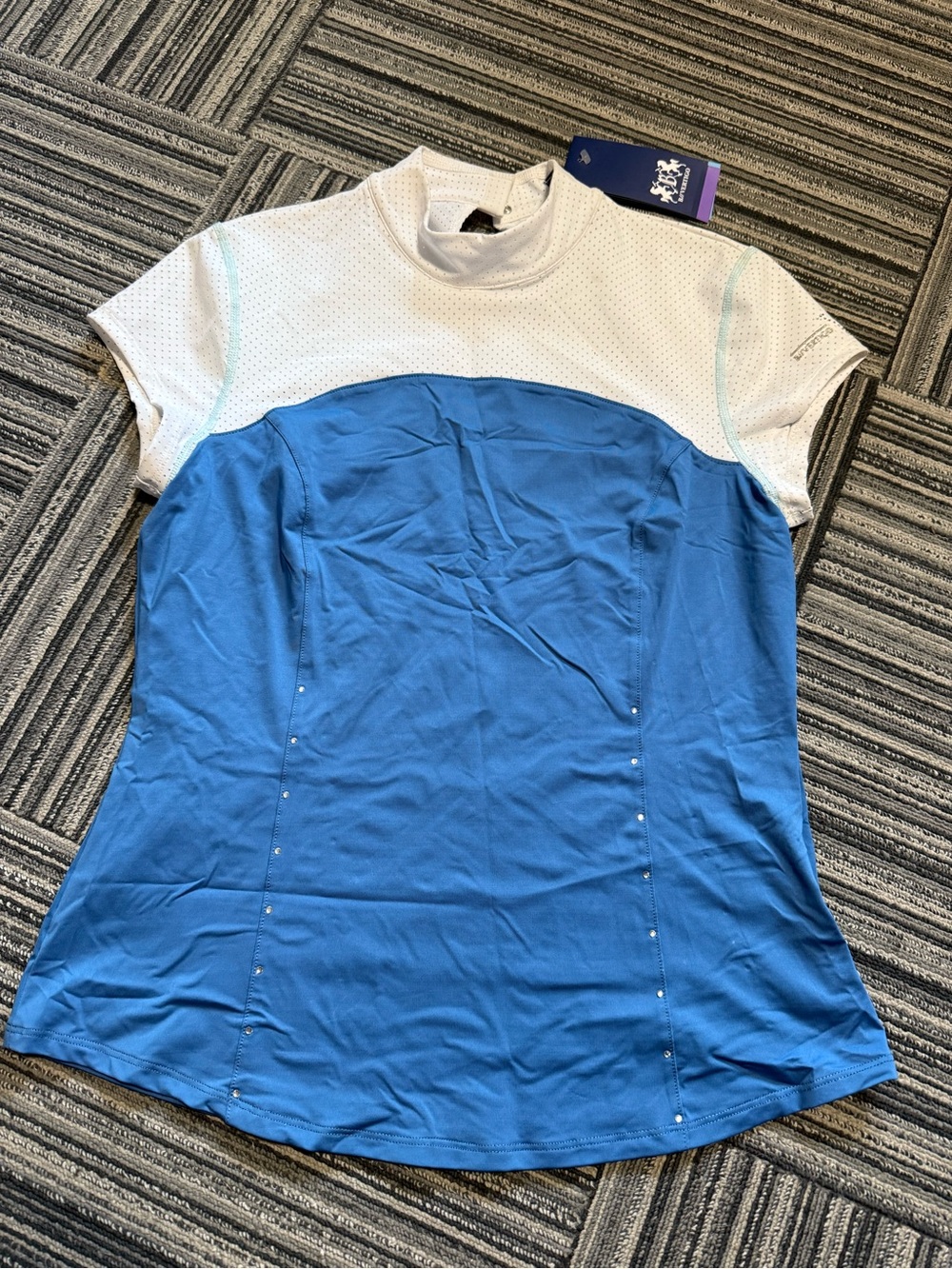 Women’s Short Sleeve Performance Tee in Blue and White — Stud Detail